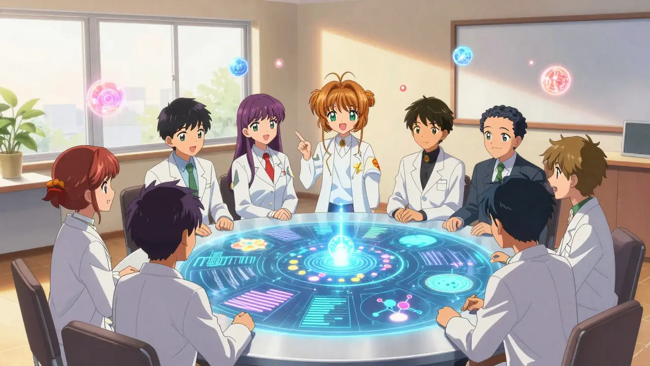 Happy scientists collaborating with holograms in bright meeting room