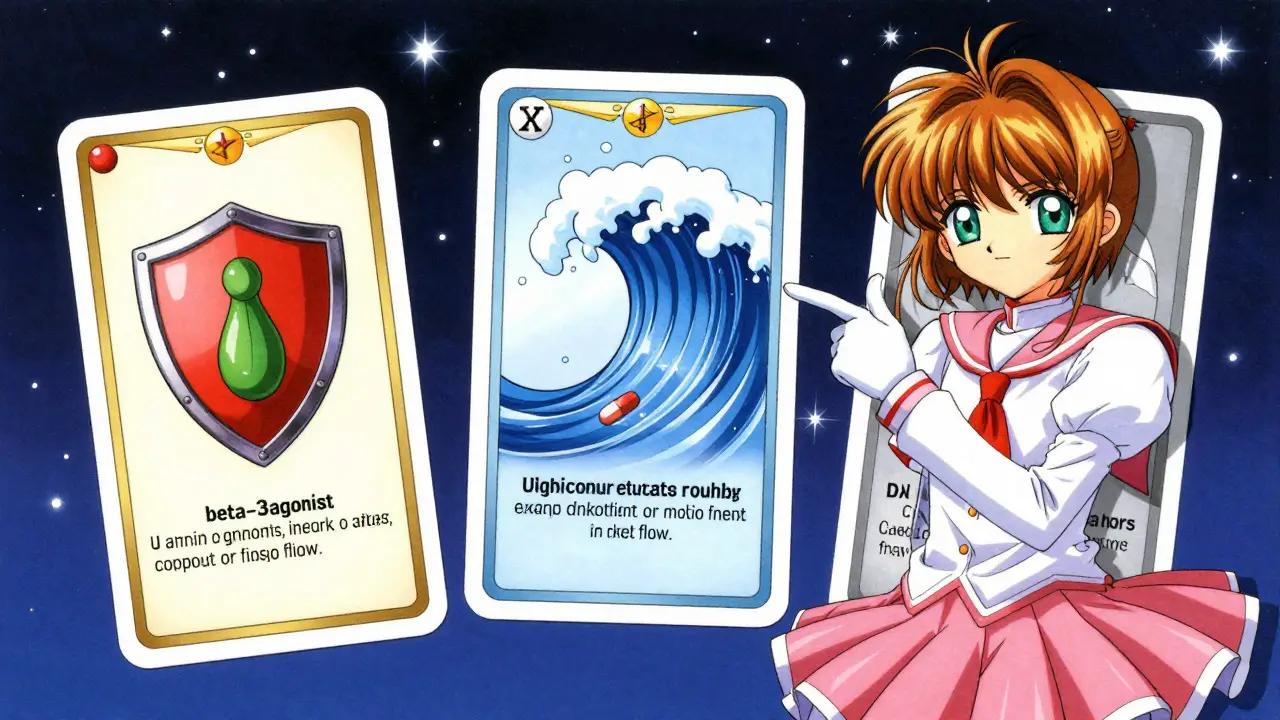 Magical cards comparing safe vs risky bladder meds in Cardcaptor Sakura style.