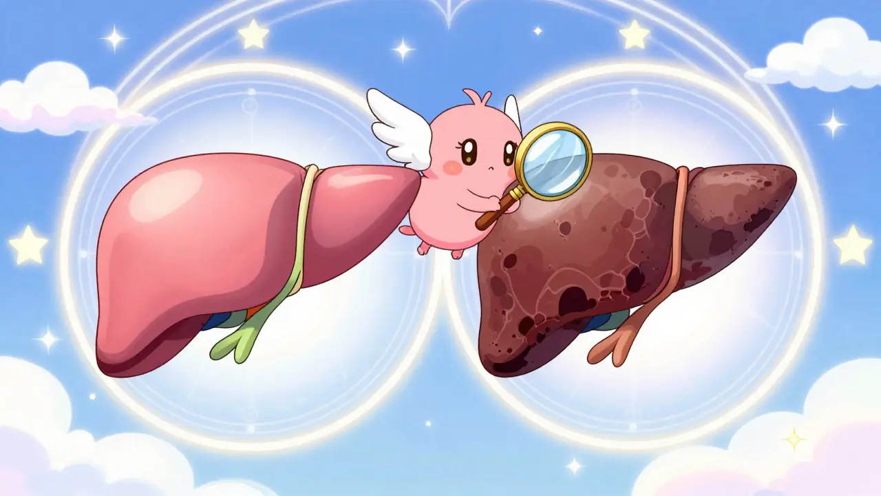 Magical creature inspecting healthy vs scarred liver illustrations in a circle.