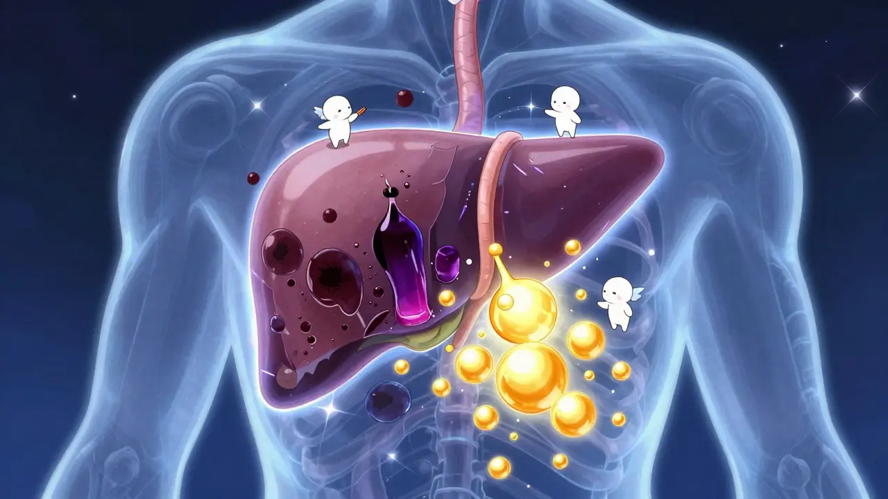 Magical illustration of liver prioritizing alcohol metabolism over glucose release.