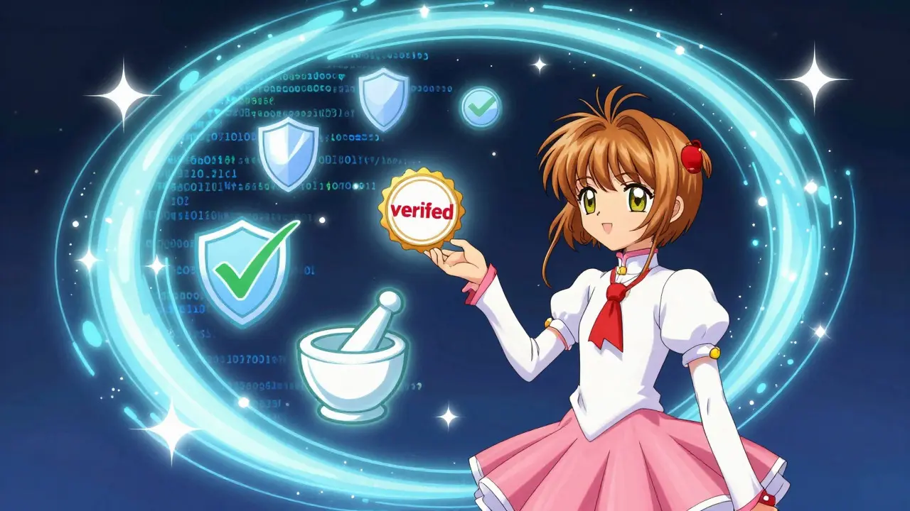 Magical portal displaying trust symbols for verifying an online pharmacy