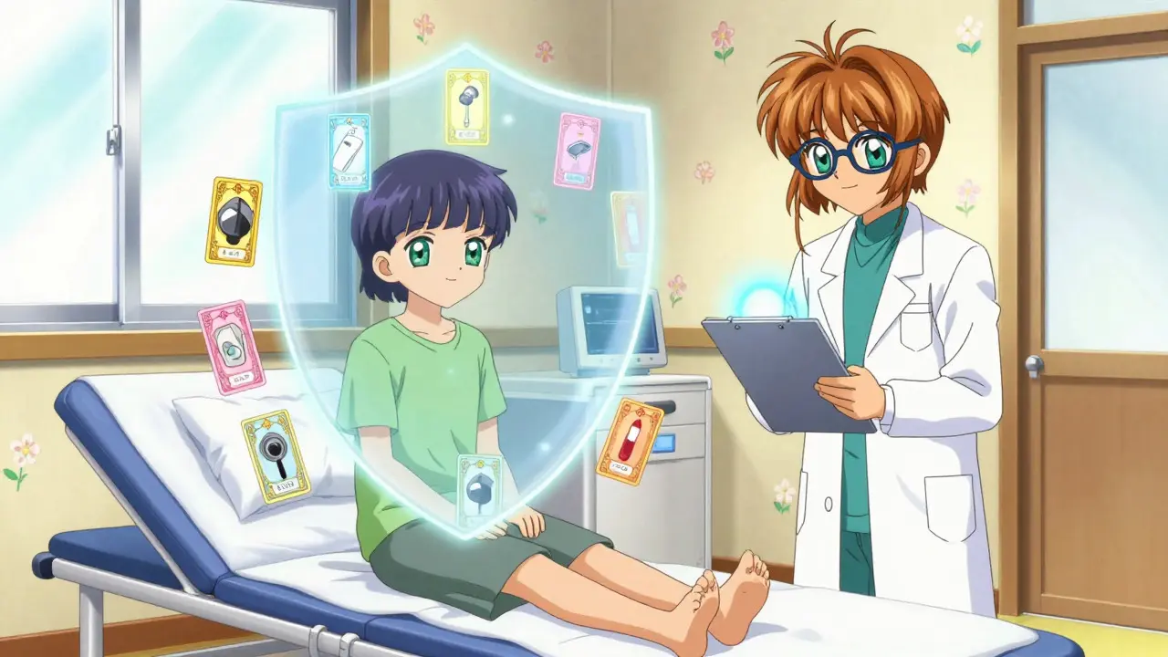 Patient surrounded by magical surveillance shields with a smiling doctor.