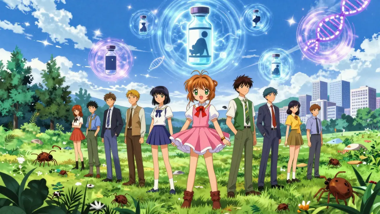 People under a sky with magical vaccine symbols in anime style