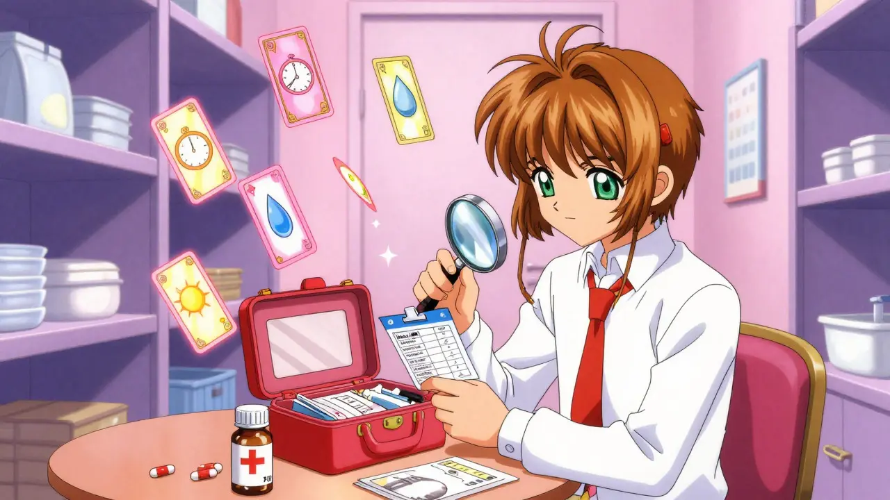 Person checking medication seals and expiration dates with magical aids