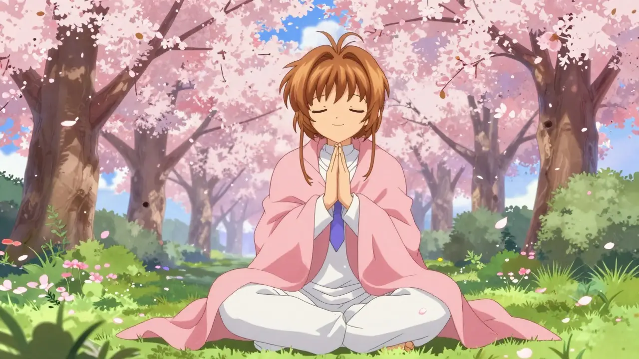 Person meditating in a garden with cherry blossoms