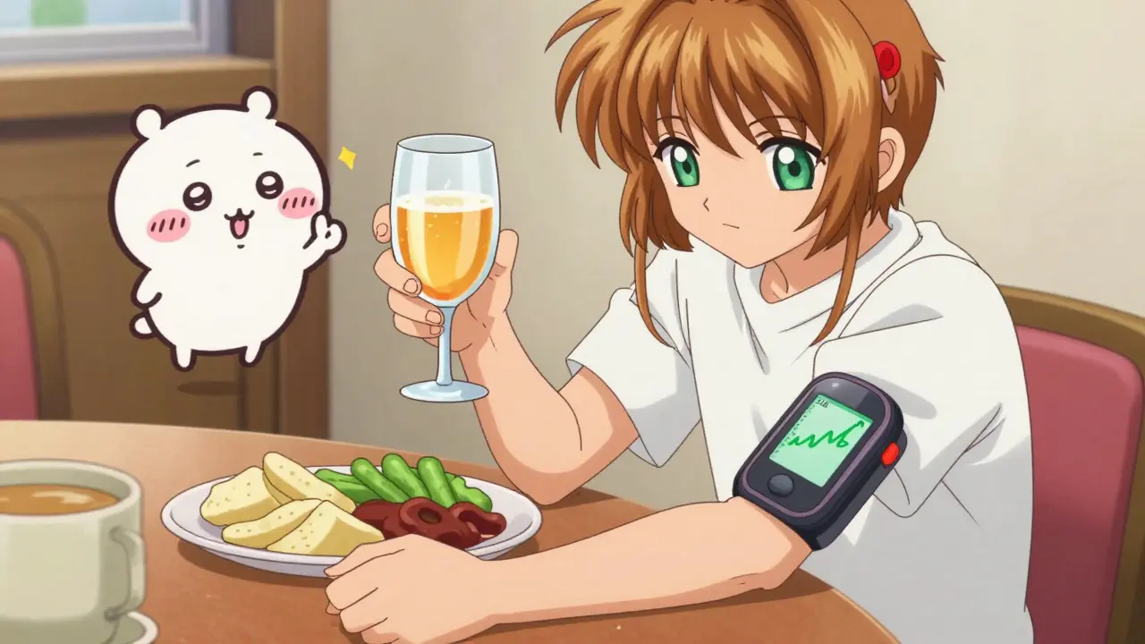 Person safely drinking wine while checking CGM and eating carbs, anime style.