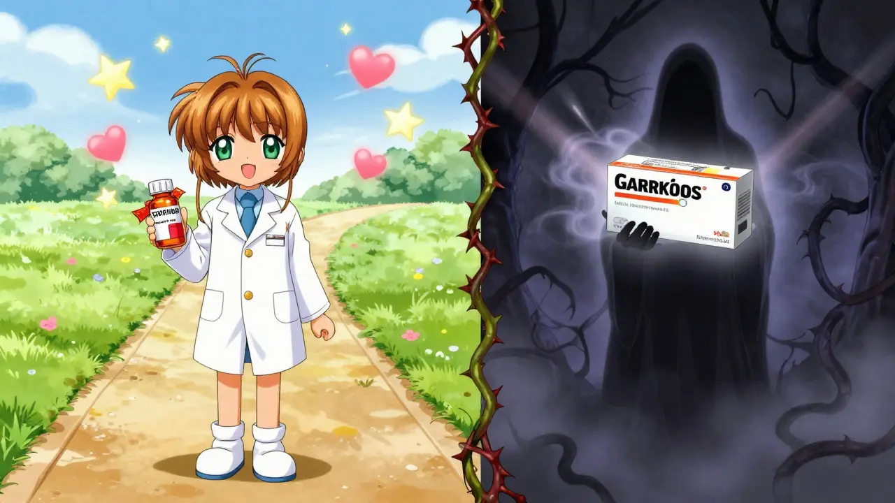 Whimsical comparison between affordable generic meds and risky brand options
