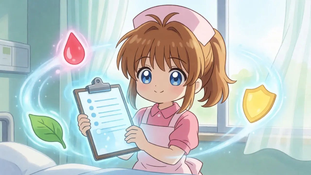 Chibi anime nurse surrounded by glowing icons of blood test results.