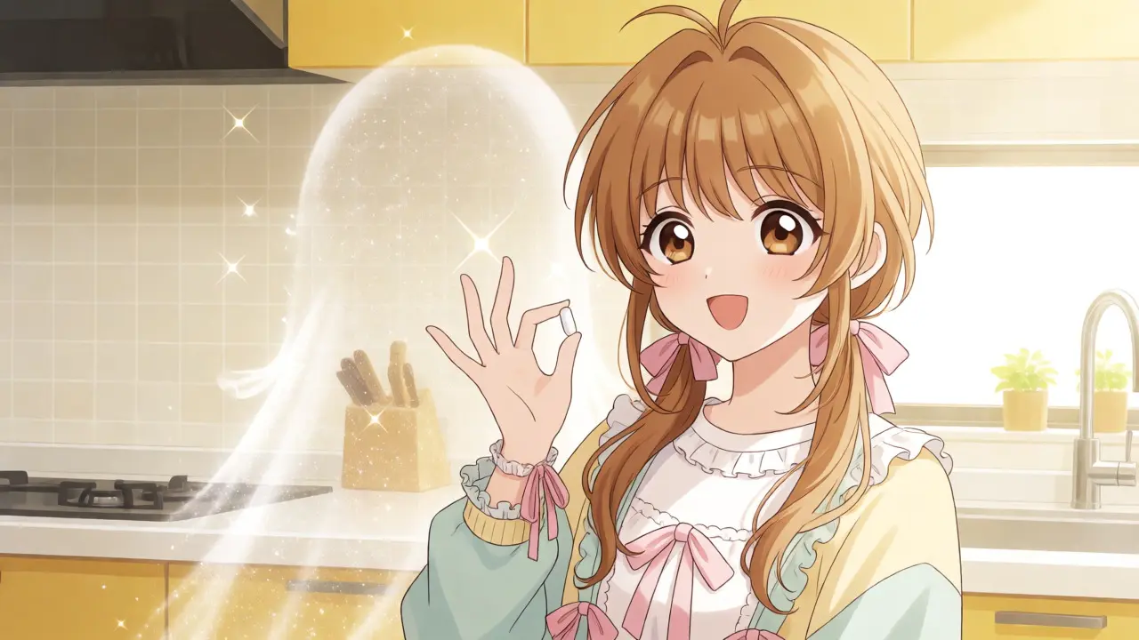 Happy anime woman holding a pill, replacing the need for injections.