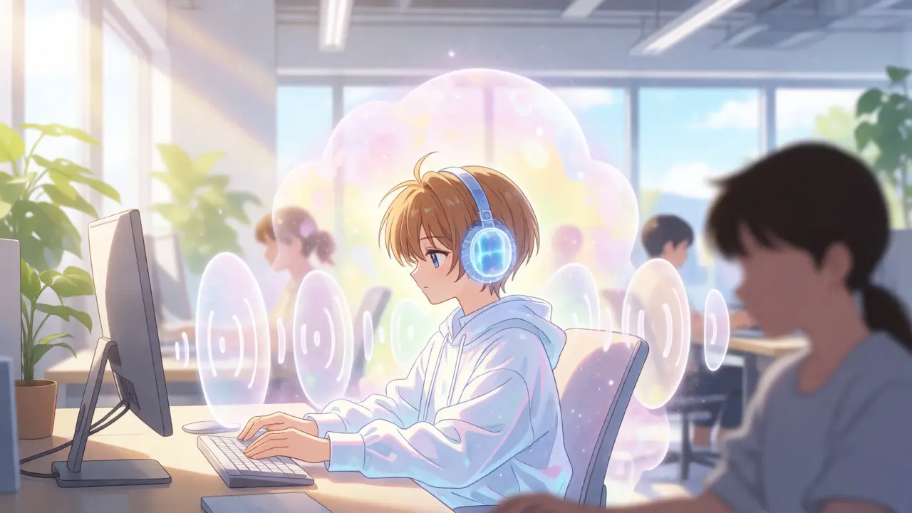 Person wearing earmuffs in a quiet office bubble amidst noise